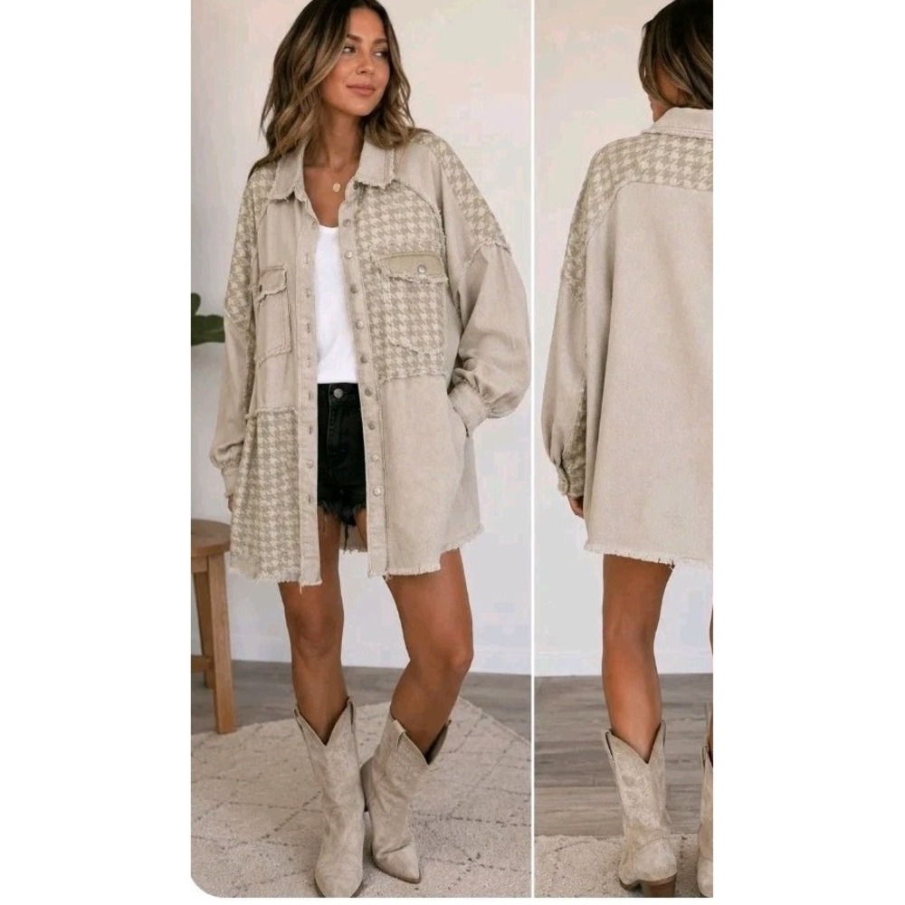 POL Love Peace Jacket M Oversized Houndstooth Patchwork Shacket Boho Distressed - Picture 3 of 3